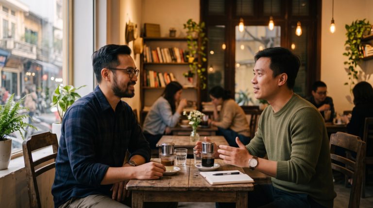 Người hướng nội tự tin trò chuyện chân thành với người khác ở quán cà phê