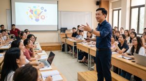 Giáo viên tự tin thuyết trình cuốn hút trước lớp học