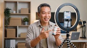 Người đàn ông tự tin livestream bán hàng trước điện thoại và đèn vòng